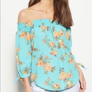 Teal Floral Print Off The Shoulder Blouse